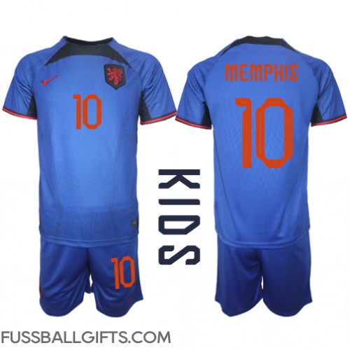 Niederlande Memphis Depay #10 Fußballbekleidung Auswärtstrikot Kinder WM 2022 Kurzarm (+ kurze hosen)